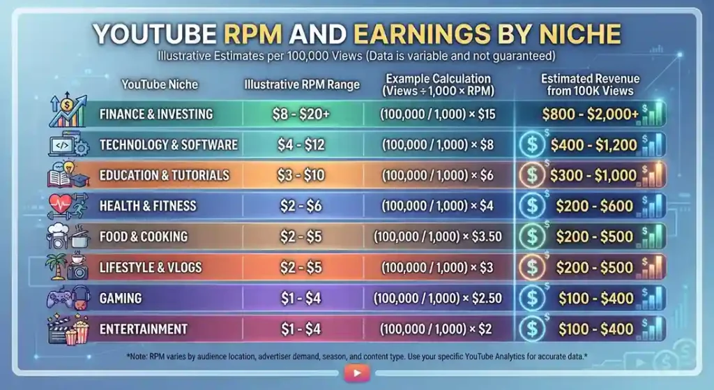 YouTube RPM by niche