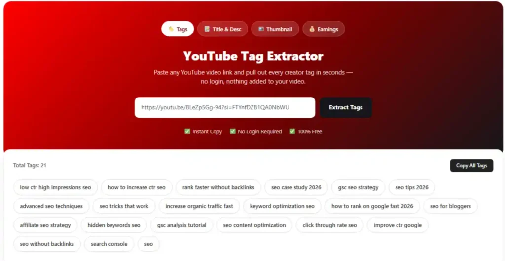 YouTube video tag extractor showing extracted tags