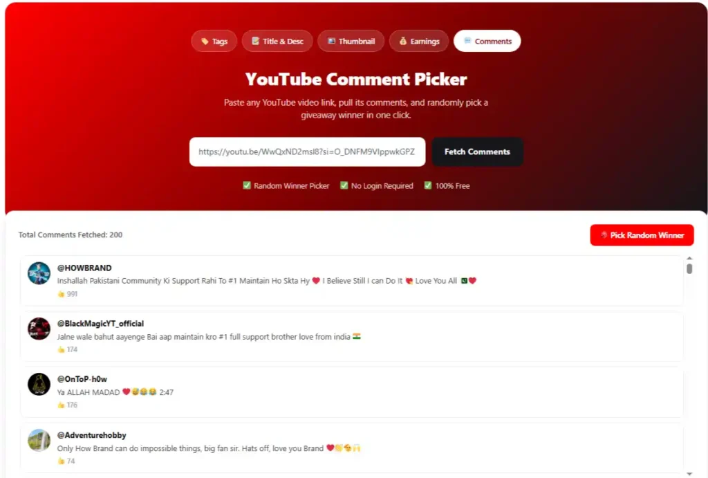 YouTube comment picker tool